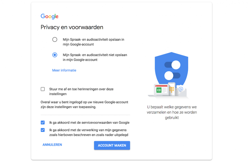 Privacy Google Account aanmaken